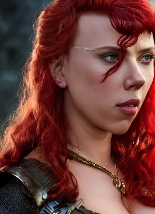 Image similar to scarlett johansson portraying a beautiful red sonja, beautiful scarlett johansson red sonja, movie, hyper realistic, hollywood promotional image, imax, 8 k