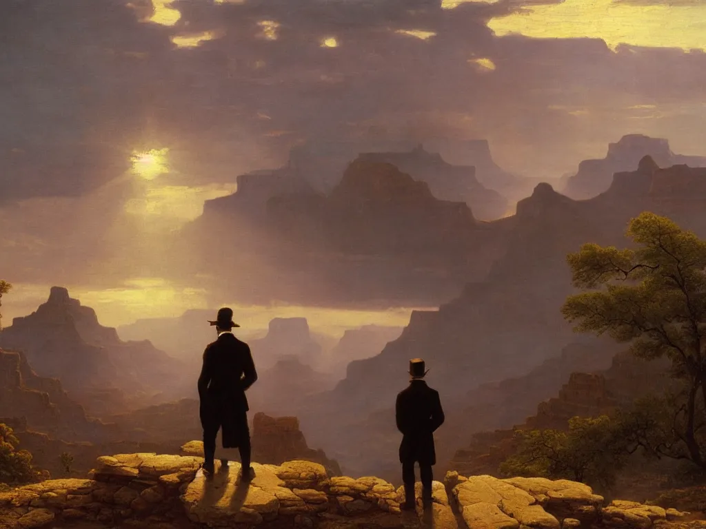 Image similar to romantic painting, wide shot of a lone gentleman in 1 9 th century clothing ( looking at his cellphone )!!!!!! in front of a the grand canyon at sunrise, highly detailed, sublime, hyperrealistic, painted by caspar david friedrich and albert bierstadt, trending on artstation 8 k