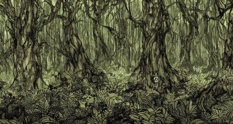 Prompt: A dense and dark enchanted forest with a swamp, from Berserk