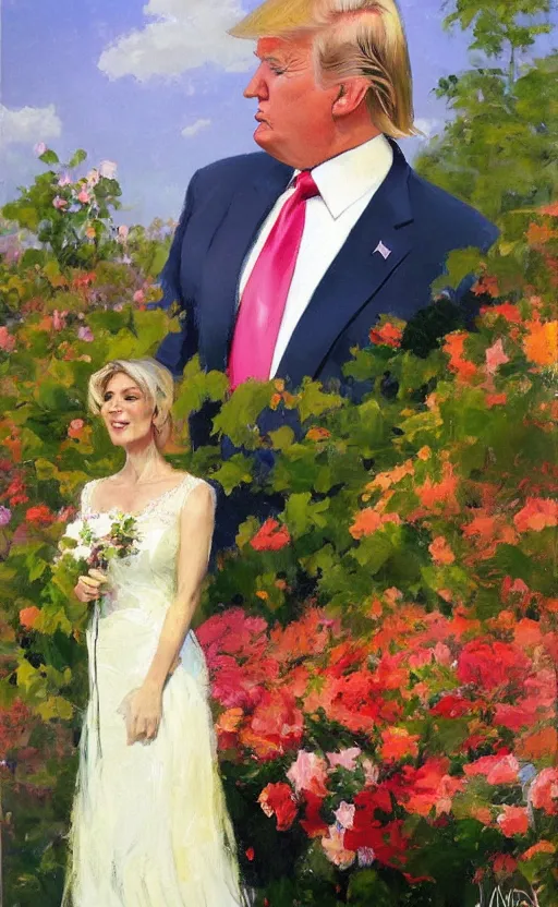 Image similar to romantic portrait of donald trump in an elegant dress surrounded by beautiful flowers, by gregory manchess, james gurney, james jean