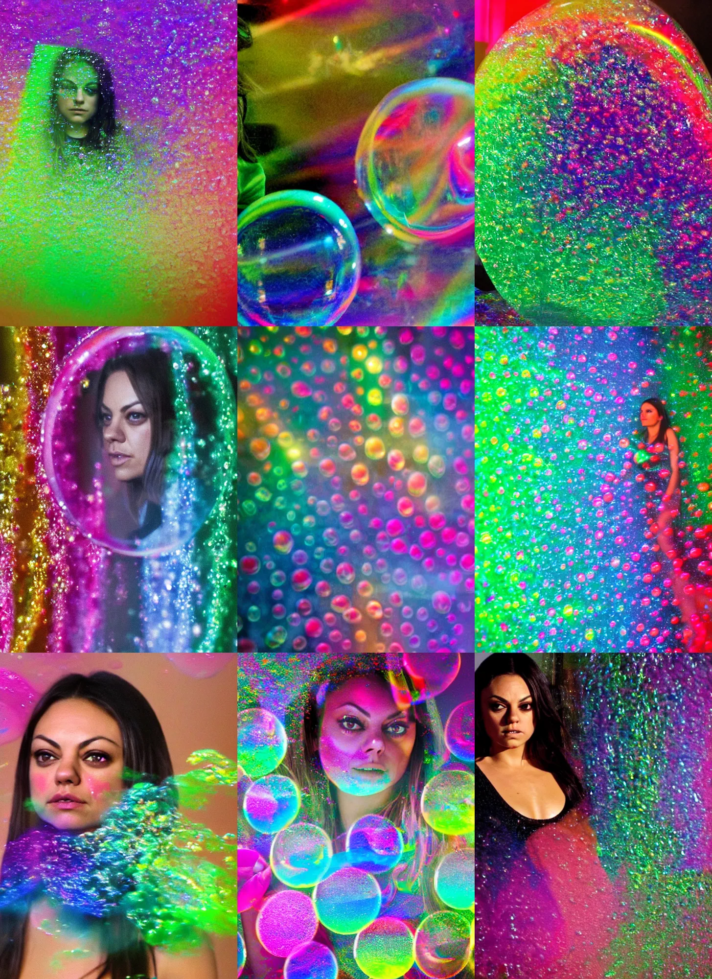 Prompt: Mila Kunis reflected in highly reflective rainbow bubbles with smoke inside