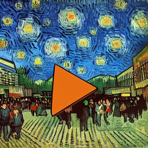 Prompt: a giant triangular dumpling with meat in the center eats people in the city of the future, people run and scream, by van gogh, realism, futurism