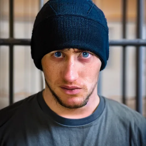 Image similar to close-up a 25 year old man wearing a black winter hat and a orange jail inmate tshirt, inside a underground facility, blue eyes, hideous, side lighting, Jan Kalous, D-55240