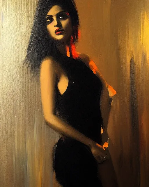 Image similar to beautiful portrait painting an gorgeous delhi girl wearing a little black dress at a nightclub, red lighting, oil painting, art by ruan jia