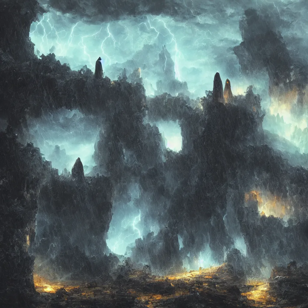 Image similar to a still of a cloaked figure standing in the ruins of crux prime, monastery, there is lightning, blue fiery maelstrom in the distance, it is raining, digital art, artstationhq