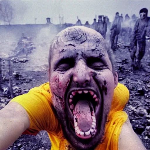 Image similar to selfie of a ukrainian screaming in pain and terrible injuries from a nuclear explosion, everything is on fire and radiation, in the background there are a lot of people like zombies, corpses and skeletons, a large nuclear explosion in the background, people are painted in yellow and blue, all dirty with severed limbs, doomsday