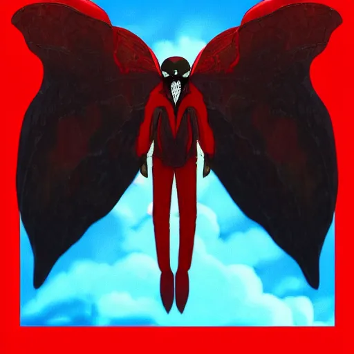 Image similar to 4K headshot of mothman with a mushroom hat and rouch clothes with giant wings , intricate face , flawless anime cel animation by Manabu Oshashi and Satoshi Kon, professionally post-processed , beautiful, scary, symmetry accurate features, epic, octane rendered, anime masterpiece, accurate