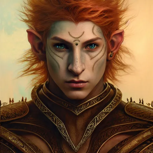 Image similar to portrait painting of an elven male teen with short light orange hair and tribal tattoos on his face wearing fur armor, ultra realistic, concept art, intricate details, eerie, highly detailed, photorealistic, octane render, 8 k, unreal engine. art by artgerm and greg rutkowski and charlie bowater and magali villeneuve and alphonse mucha