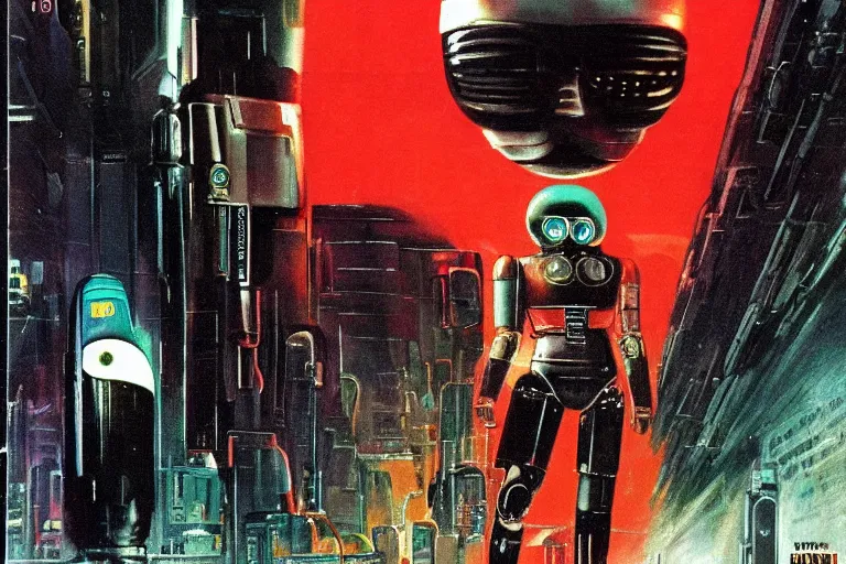 Image similar to 1979 OMNI Magazine Cover depicting a creepy angry imposing Android. Cyberpunk Akira style by Vincent Di Fate