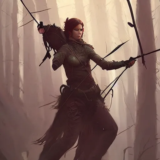 Prompt: fantasy art of a female forest archer in the style of greg rutkowski, detailed, cinematic, poster