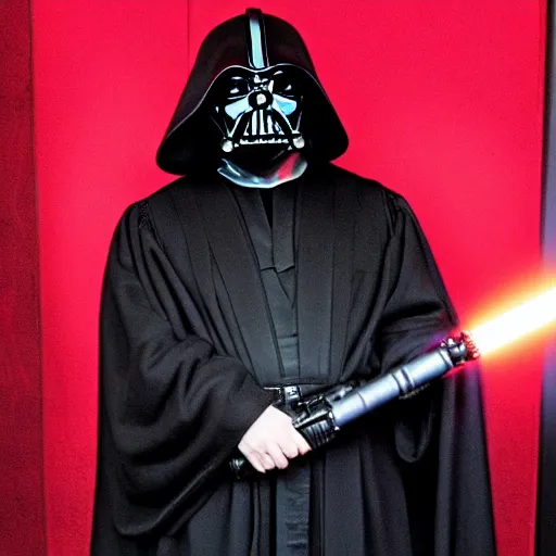 Prompt: Harvey Weinstein dressed in the dark black robes of a Sith lord, holding a red lightsaber