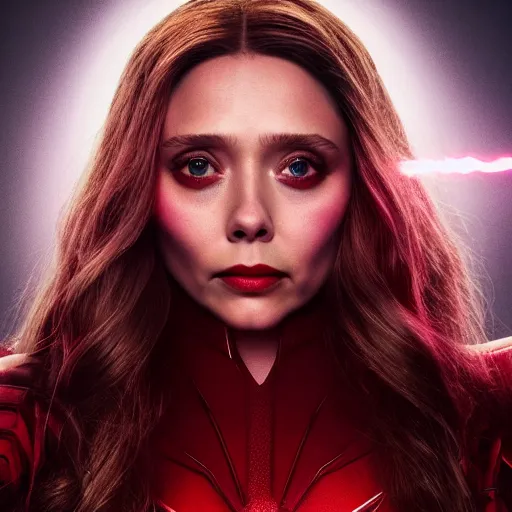 Image similar to movie still of elizabeth olsen as the scarlet witch, facing away from the camera, standing in the middle of a dark cave, holding red magic from her hands, illuminating the area, golden ratio!!!!!, centered, trending on artstation, 8 k quality, cgsociety contest winner, artstation hd, artstation hq, luminous lighting