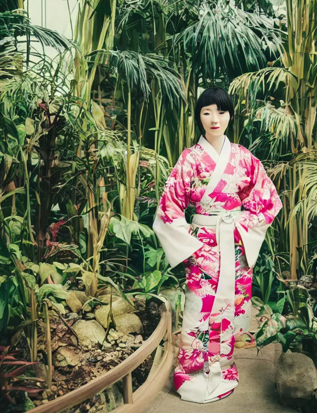 Image similar to photograph of a beautiful Japanese woman wearing a pretty kimono in a tropical greenhouse, by Annie Leibowiz, by Alessio Albi, extremely detailed, large format camera, Fuji Provia, bokeh, blurred background, photorealistic, trending on instagram