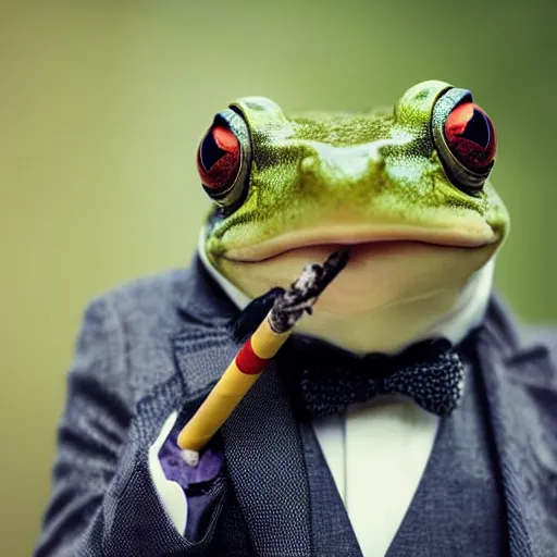 Image similar to a high detail closeup shot of a frog wearing a suit 👔,and smoking a cigarrette🚬