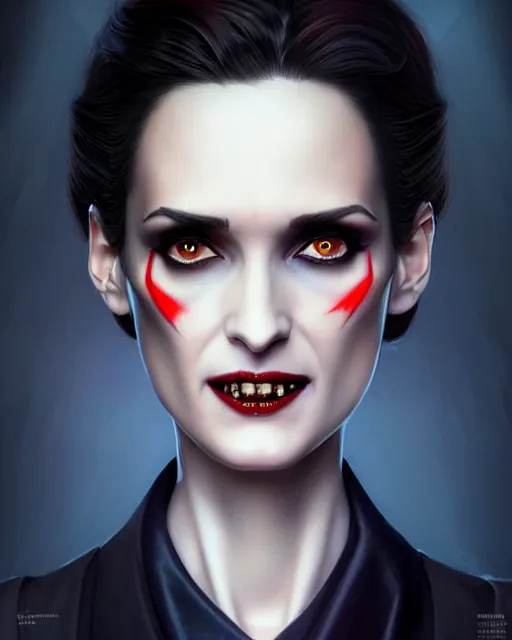 Image similar to gorgeous female Winona Ryder vampire sharp teeth in a confident dress, full body, realistic character concept, medium shot, elegant pose, horror, illustration, slender symmetrical face and body, symmetrical eyes, artstation, cinematic lighting, hyperdetailed, Tom Bagshaw, artgerm, Norman Rockwell, single face, insanely detailed and intricate, beautiful, elegant, dark blue background