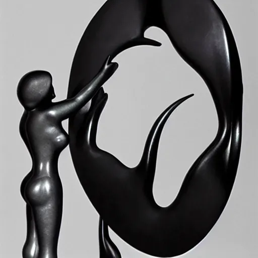 Image similar to A kinetic sculpture. A rip in spacetime. Did this device in her hand open a portal to another dimension or reality?! dark black, puce by Olexandr Archipenko, by Kelly Freas natural