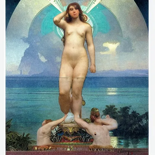 Prompt: Floating palace, moon reflecting on the water, thunderstorm, greek pool, beach and Tropical vegetation on the background major arcana sky, by paul delaroche, alphonse mucha and arnold böcklin, hyperrealistic 8k, award-winning, very very very detailed