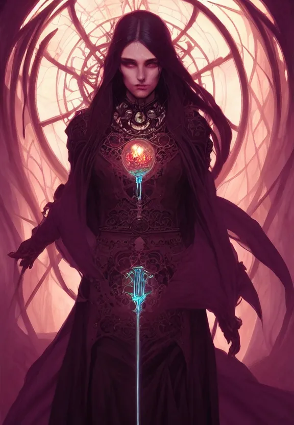 Image similar to Necromancer Sorceress in center, fantasy magic, undercut hairstyle, dark light night, intricate, elegant, sharp focus, illustration, highly detailed, digital painting, concept art, matte, art by WLOP and Artgerm and Greg Rutkowski and Alphonse Mucha, masterpiece