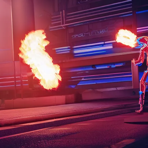 Image similar to plasma flamethrower, neon, cyberpunk, 3 d render, octane, ray tracing, ultra high resolution, ultra detailed, photorealistic