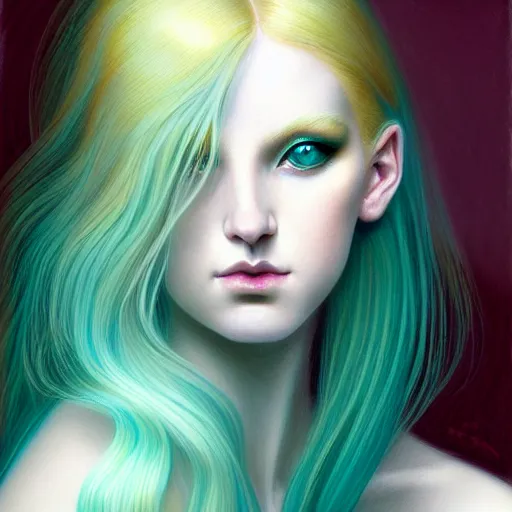 Prompt: portrait of girl with pale teal hair, luna moth, uniquely beautiful, fantasy, intricate, elegant, dramatic lighting, emotionally evoking symbolic metaphor, highly detailed, lifelike, photorealistic, digital painting, artstation, concept art, smooth, sharp focus, illustration, art by John Collier and Albert Aublet and Krenz Cushart and Artem Demura and Alphonse Mucha