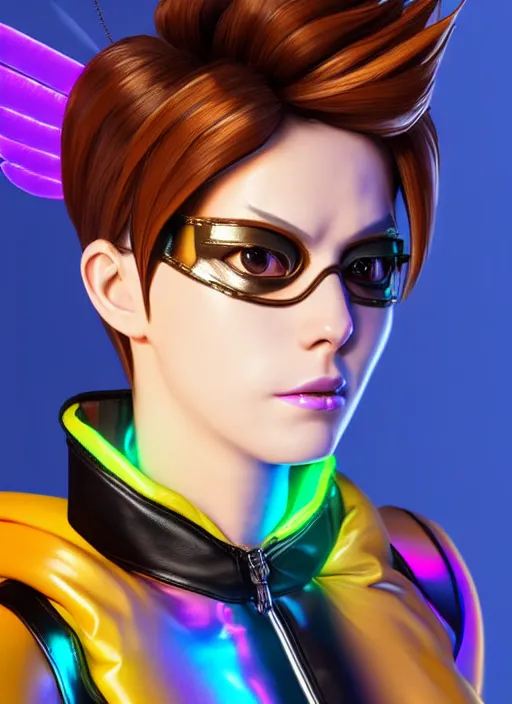 Image similar to portrait bust digital artwork of tracer overwatch, wearing iridescent rainbow latex and leather straps catsuit outfit, expressive face, makeup, in style of mark arian, angel wings, wearing detailed leather collar, chains, black leather harness, detailed face and eyes,