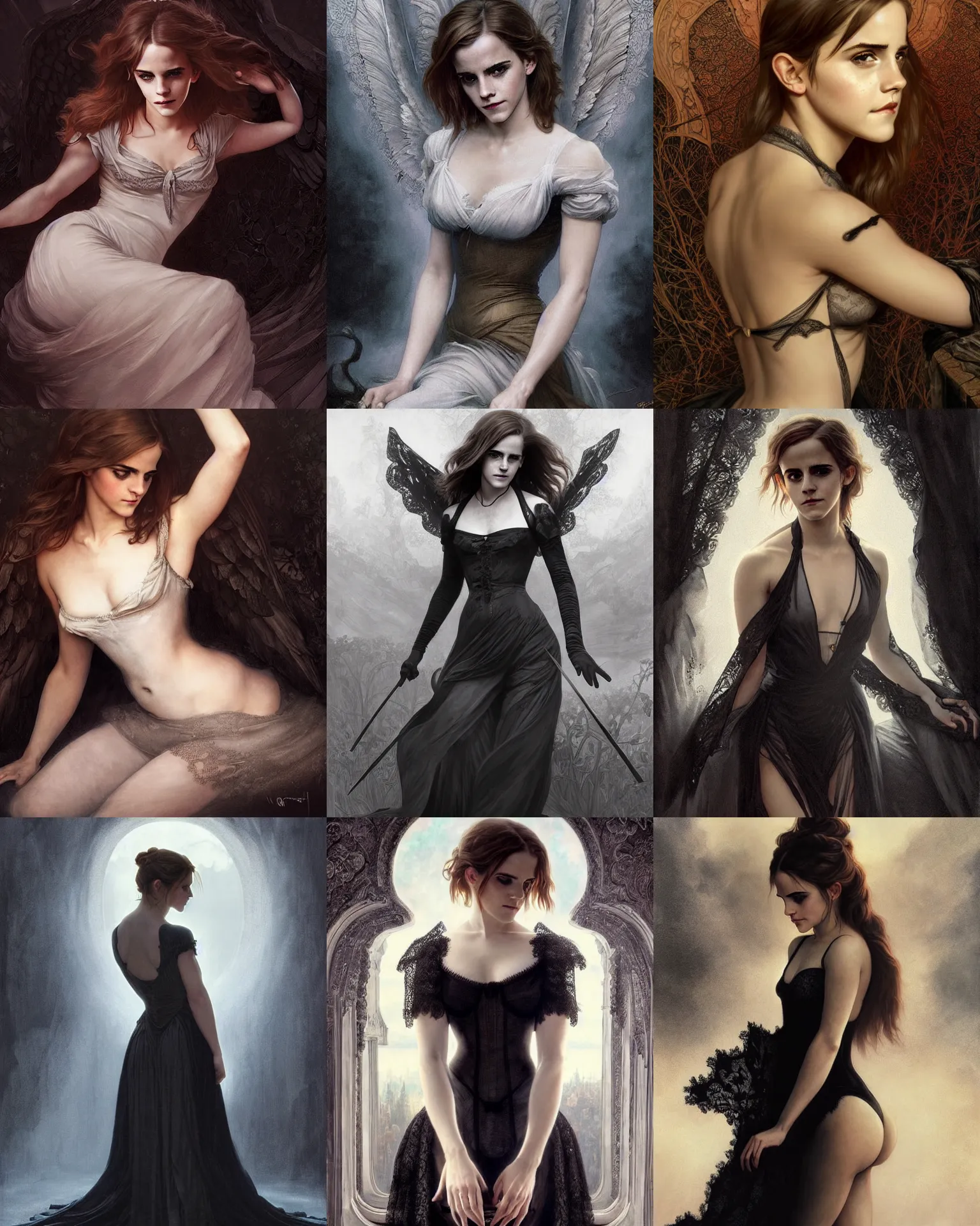 Prompt: emma watson as an dark angel bedroom. black lace, highly detailed, digital painting, matte, sharp focus, art by artgerm, greg rutkowski, alphonse mucha, frank frzetta, boris vallejo, bouguereau, beksinski, cinematic