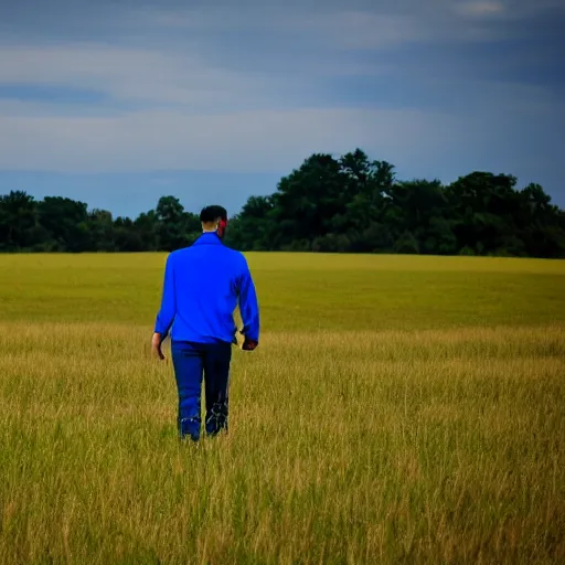 Image similar to guy in blue jack walking in a field