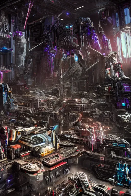 Prompt: Cybertron, Hot Topic store for goth Decepticons, long shot, cinematography by Wes Anderson, 4k octane render, intricate detail, photorealistic , cinematic lighting, Artstation