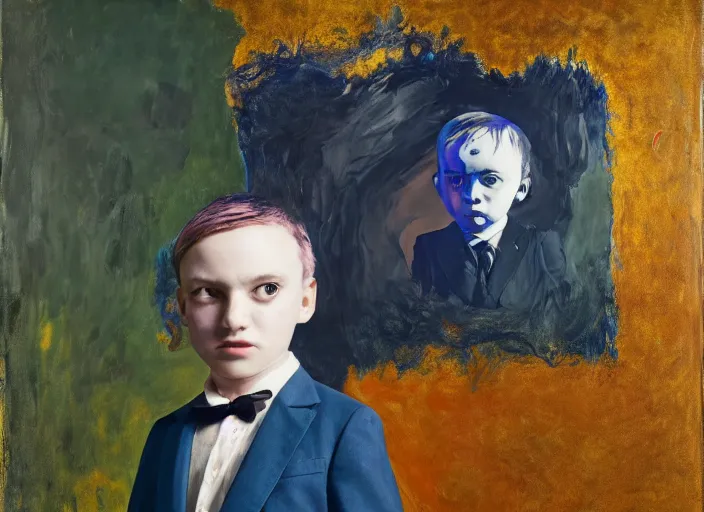 Image similar to portrait of a child wearing a suit, vincent lefevre and hernan bas and pat steir and hilma af klint, psychological, photorealistic, dripping paint, washy brush, rendered in octane, altermodern, masterpiece