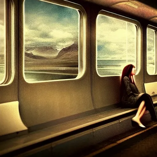 Image similar to lonely souls travelling on a train to nowhere impressive scene. grainy and rough. soft colour scheme. beautiful artistic detailed digital art