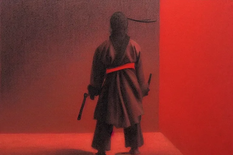 Image similar to only with red, a red samurai harakiri, tokio, a lot of frogs watch, in the style of beksinski, parts by edward hopper, parts by rodcenko, parts by yue minjun, intricate and epic composition, red by caravaggio, insanely quality, highly detailed, masterpiece, red light, artstation, 4 k