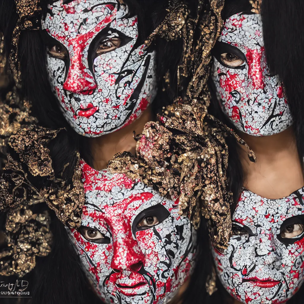 Image similar to highly detailed editorial photography of a face wearing a glowing Kabuki mask, at twilight, ultra fashion, 105mm f2.8