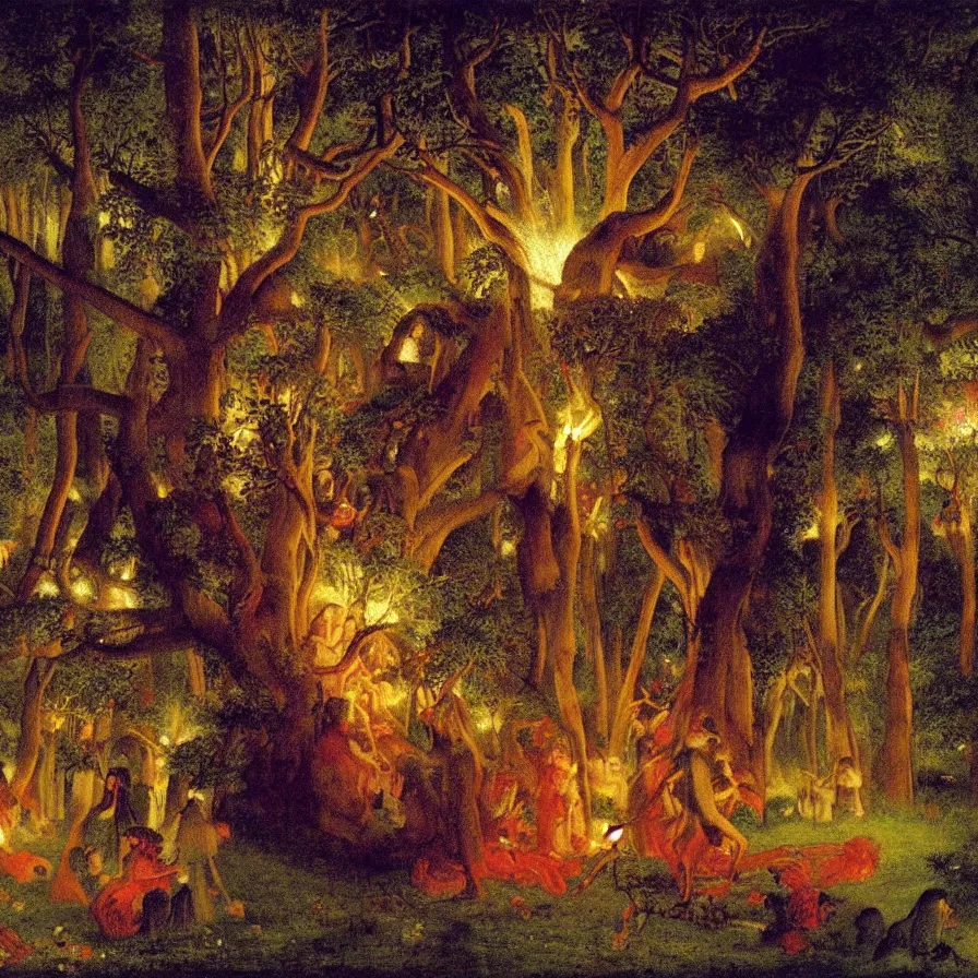 Image similar to closeup of a night carnival inside a tree cavity in a magical forest in the middle of a summer storm, with a music scenario with many fireworks and christmas lights, volumetric lightning, instense god rays in the sky, folklore people disguised with fantastic creatures in a magical forest by summer night, masterpiece painted by pierre puvis de chavannes, very coherent and contrast masterpiece,