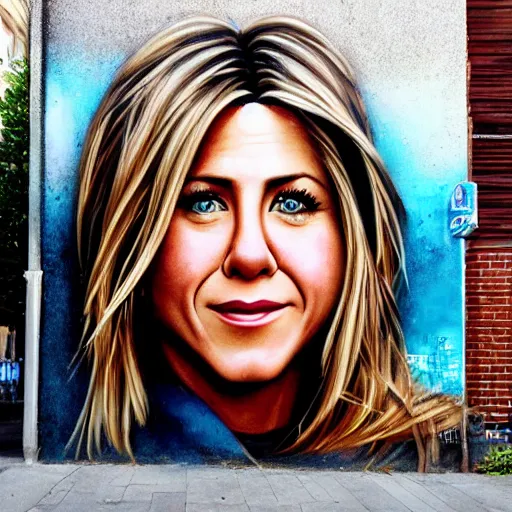 Image similar to Street-art portrait of Jennifer Aniston in style of Etam Cru