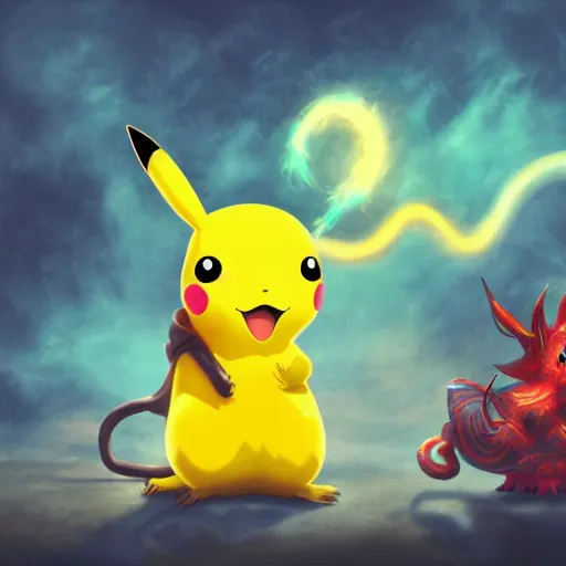 Prompt: pikachu and a demigorgon, digital art, eldritch, 8 k resolution, serene, fantasy