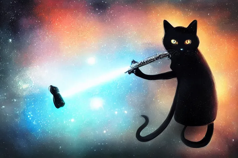 Image similar to a black cat holding a sword of galaxy, magic, digital art, glowing effect , concept art trending on artstation ,