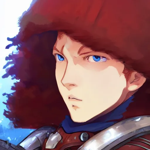 Image similar to portrait of a young redheaded boy with blue eyes and wearing armor, medieval background, highly detailed, digital painting, artstation, matte, by makoto shinkai, animation style, studio ghibli, anime key visual