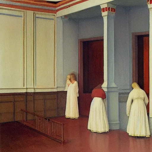 Prompt: procession of women in a soviet temple, dripping watercolor by hammershøi, highly detailed, art nouveau wallpaper, lights by edward hopper, liminal, eerie, pastel colors, limited palette