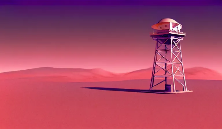 Image similar to a beautiful sharp focus vintage vaporwave ombre vector art rendering, outrun style, of a fire lookout tower on the surface of mars. trending on artstation. recommended for you behance. by edward hopper. by chris moore. beeple colors. ambient occlusion. digital matte painting. metropolis filmic. gotham city. overcast.