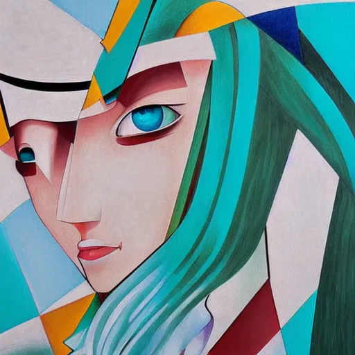 Prompt: Cubist painting of Hatsune miku by Nikolay Suetin