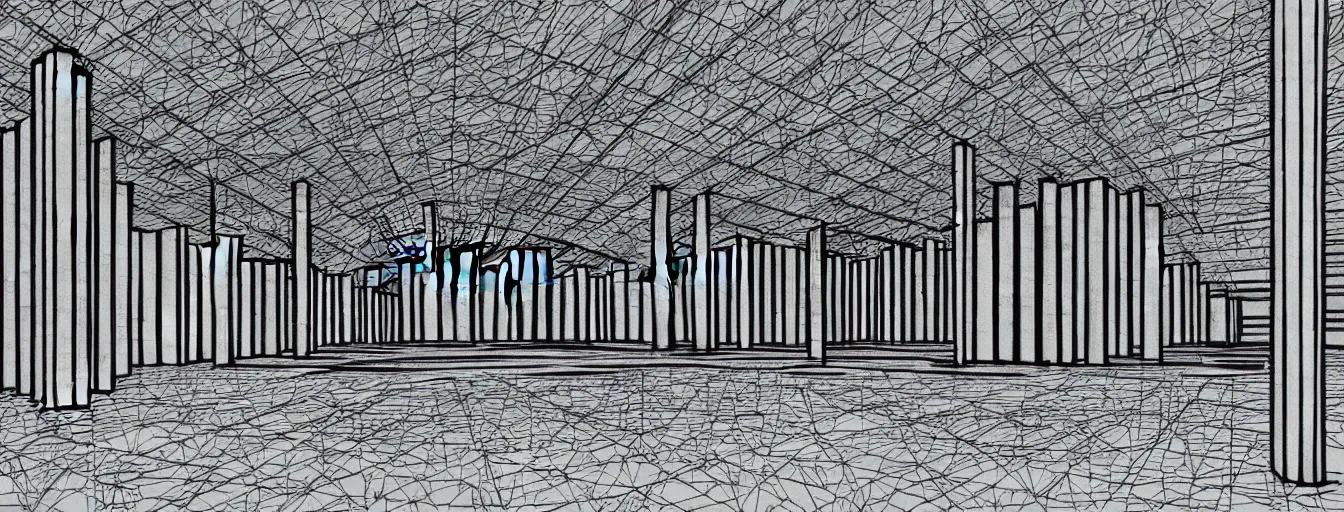 Prompt: futuristic black and white perspective illustration of a very dark room inside a brutalist building, fisheye view concrete hangar inside, architectural technical drawing