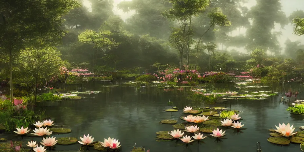 Image similar to dreamy pond full of lotus flowers, concept art, render by octane and blender, hyper realistic, cinematic lighting, unreal engin 5, by krenz cushart, 8 k, vray render, artstation, deviantart