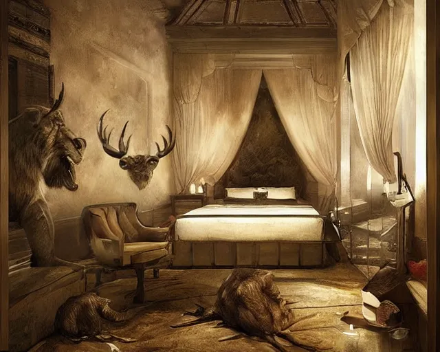 Prompt: a luxury hotel! suite room in the style of prehistoric! iceage, art by greg rutkowski and artgerma, stunning! concept art, interior! design