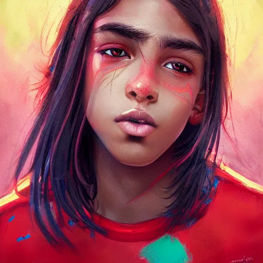 Image similar to colorful and festive captivating teenager with straight brown hair covering his eye, dark skin, big lips, big eyes, wearing a red t - shirt. rich vivid colors, ambient lighting, dynamic lighting, 4 k, atmospheric lighting, painted, intricate, highly detailed by charlie bowater