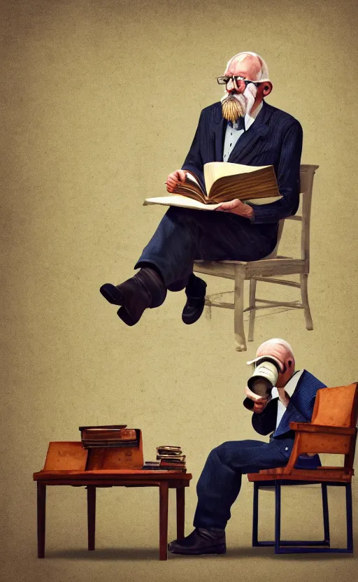 Prompt: old man, work, vintage dress, sittin, chair, book, gasmask, do, what, we, can, then, leave, it, to, god, non fiction, stability, intricate, elegant, 8 k, uhd, justify, content, center, artstation, concept art, matte, sharp focus, illustration, consistent, one content