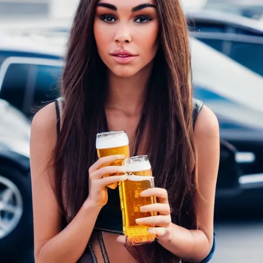 Image similar to 4k,ultra detailed portrait of Madison Beer drinking beer at the parking lot by Rachel Ruysch