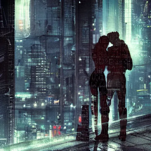 Image similar to a heartfelt unspoken love story between two robots overlooking a crumbling empty city, third person, cyberpunk, dystopia, rain, bittersweet