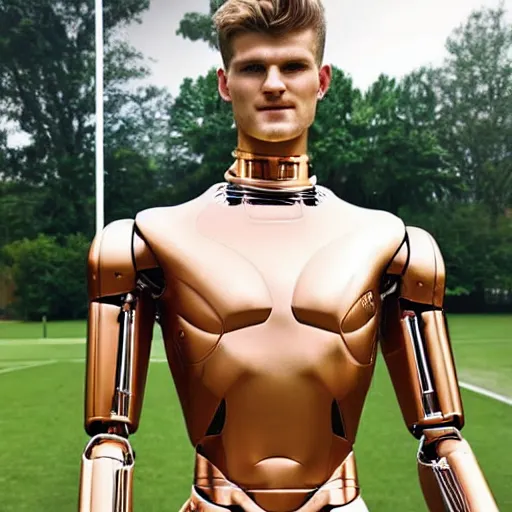 Image similar to a realistic detailed photo of a guy who is an attractive humanoid who is half robot and half humanoid, who is a male android, soccer player timo werner, shiny skin, posing like a statue, blank stare, by the pool, on display, showing off his muscles, humanoid robot, frozen ice statue, made of ice