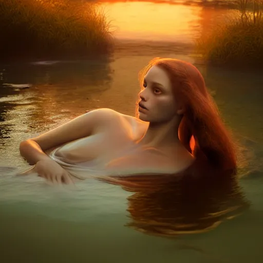 Image similar to photographic portrait of a stunningly beautiful siren renaissance female, in the water, in soft dreamy light at sunset, contemporary fashion shoot, by edward robert hughes, annie leibovitz and steve mccurry, david lazar, jimmy nelsson, extremely detailed, breathtaking, hyperrealistic, perfect face, octane render