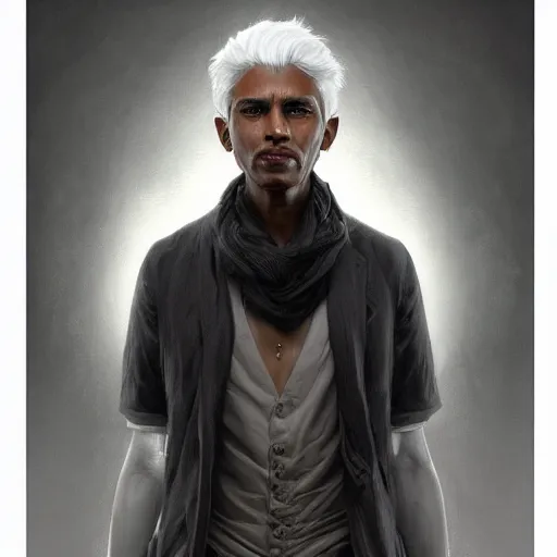 Image similar to ultra realistic illustration, young man with dark gray skin, short white hair, intricate, with dark clothes, elegant, highly detailed, digital painting, artstation, concept art, smooth, sharp focus, illustration, art by artgerm and greg rutkowski and alphonse mucha